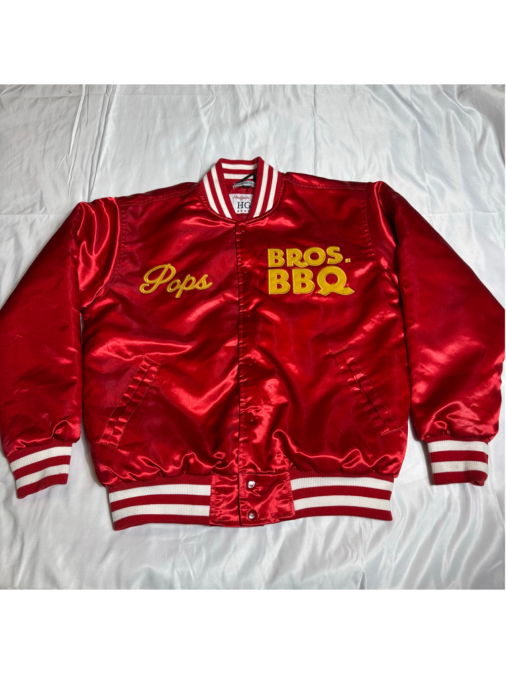 Men's Headgear Classics Pops Bros BBQ Varsity Jacket Red White Size L